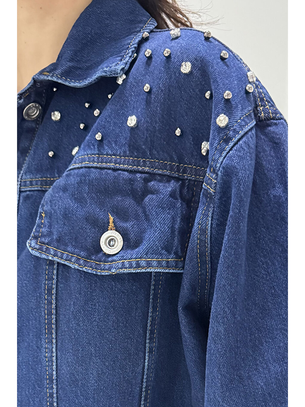Kadın Omuz Taş Detaylı Oversize Jean Ceket Koyu Mavi   26616-9