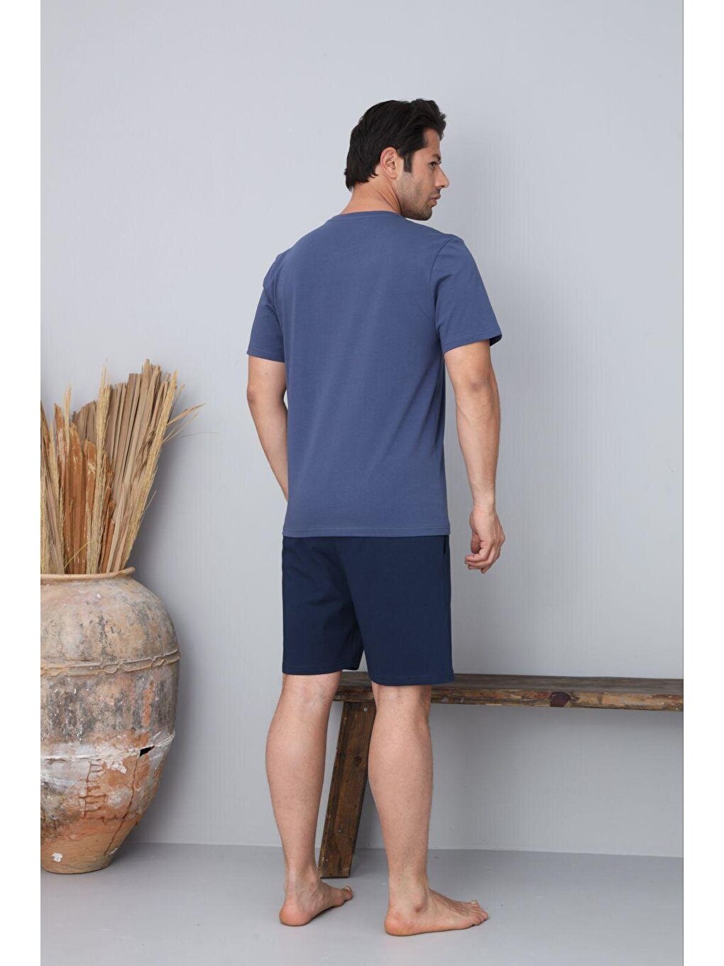 Mavi Erkek %100 Organik Pamuk Kısa Kollu Şortlu Doğal Battal Pijama Takımı-1