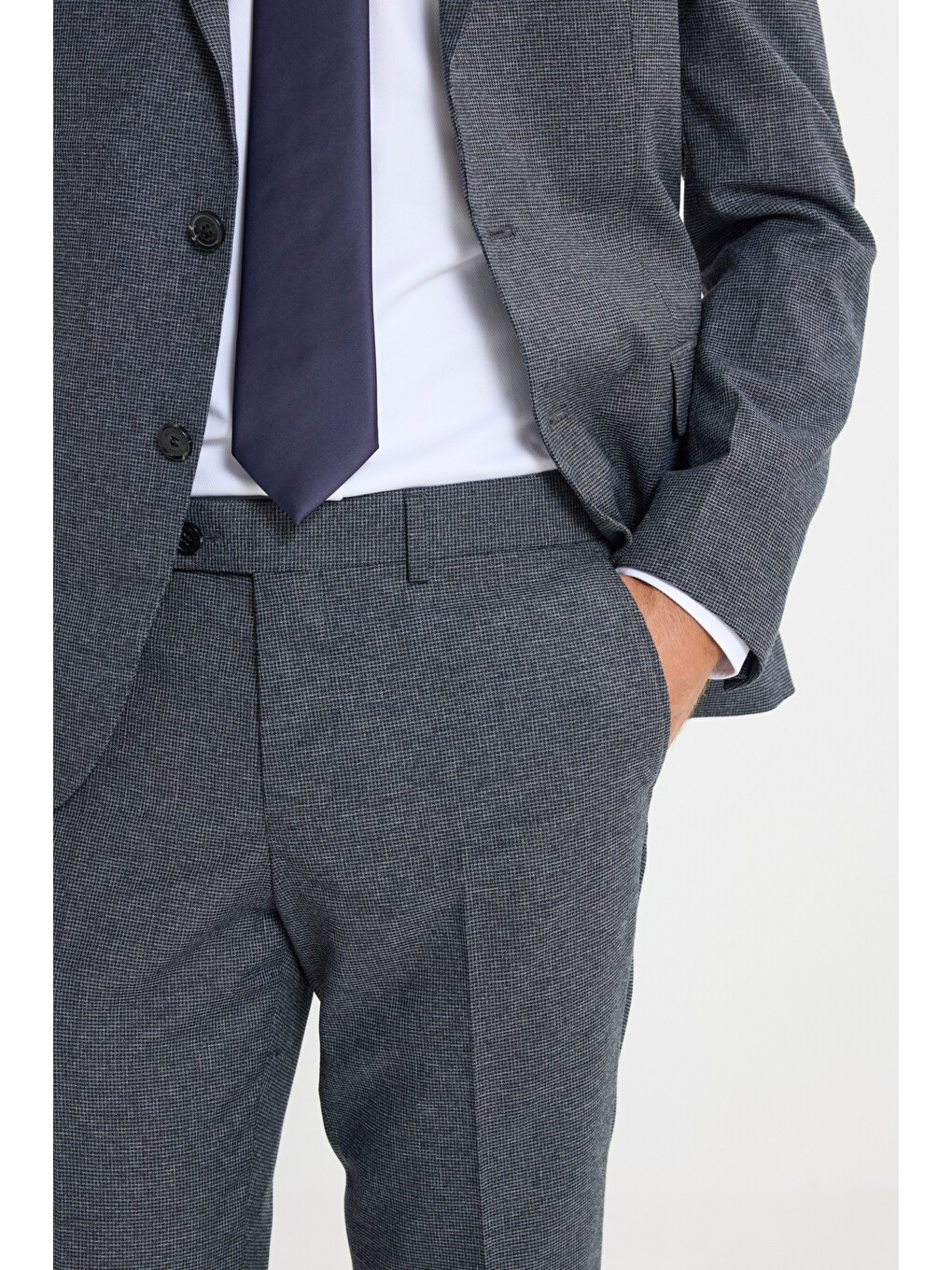 Erkek Lacivert-Gri Slim Fit Dar Kesim Kazayağı Desenli Takım Elbise-6
