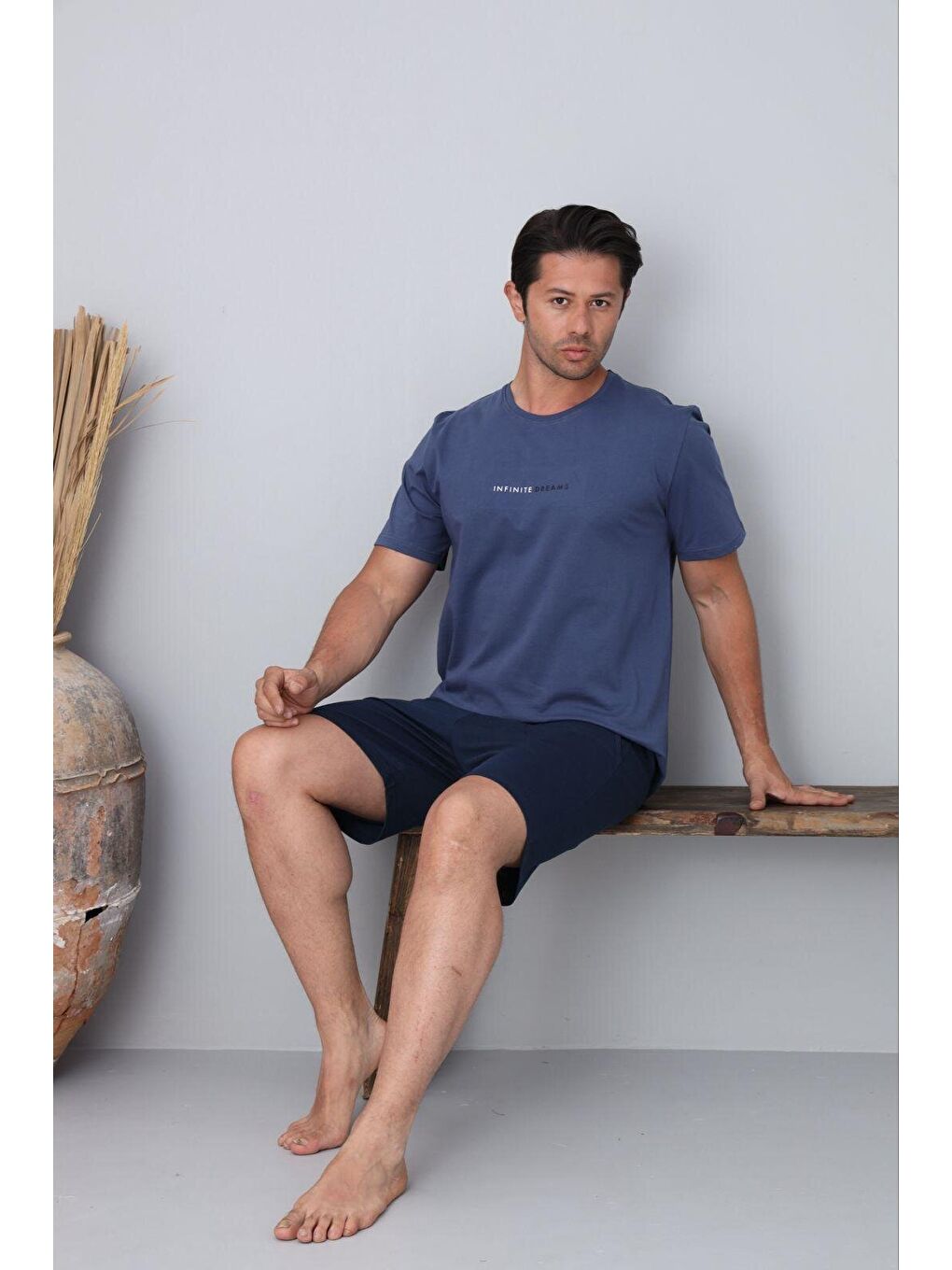 Mavi Erkek %100 Organik Pamuk Kısa Kollu Şortlu Doğal Battal Pijama Takımı-2