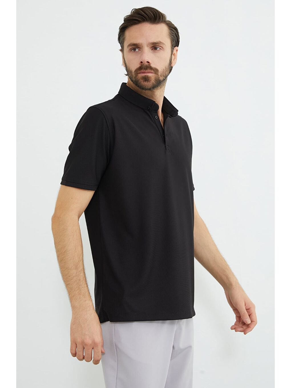 Siyah Polo Yaka Ottoman Kumaş Regular Tişört