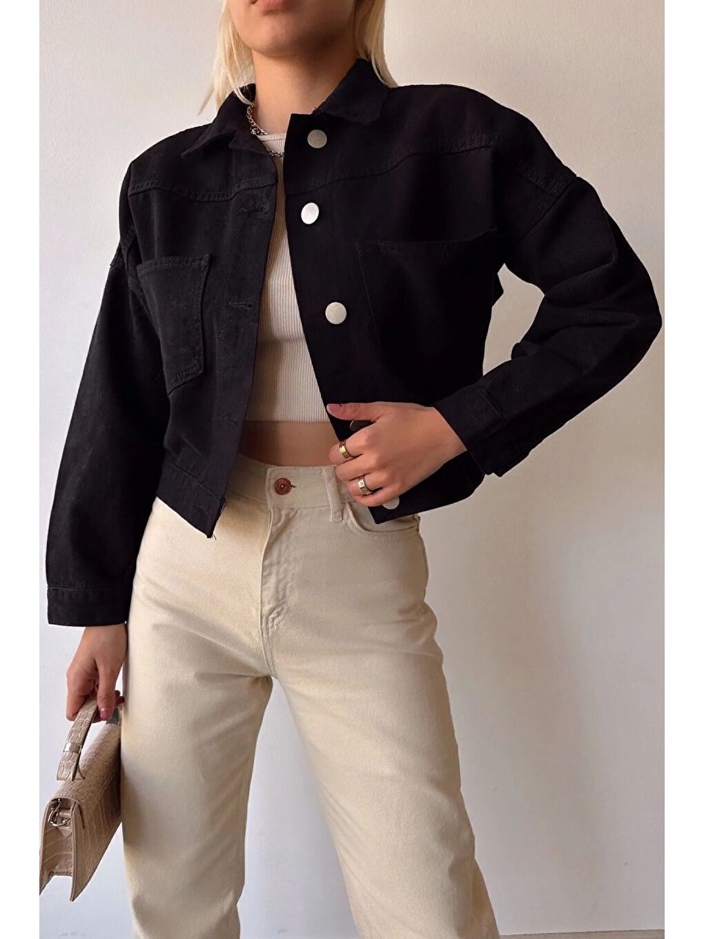 Kadın Çift Cepli Crop Jean Ceket Siyah   26573
