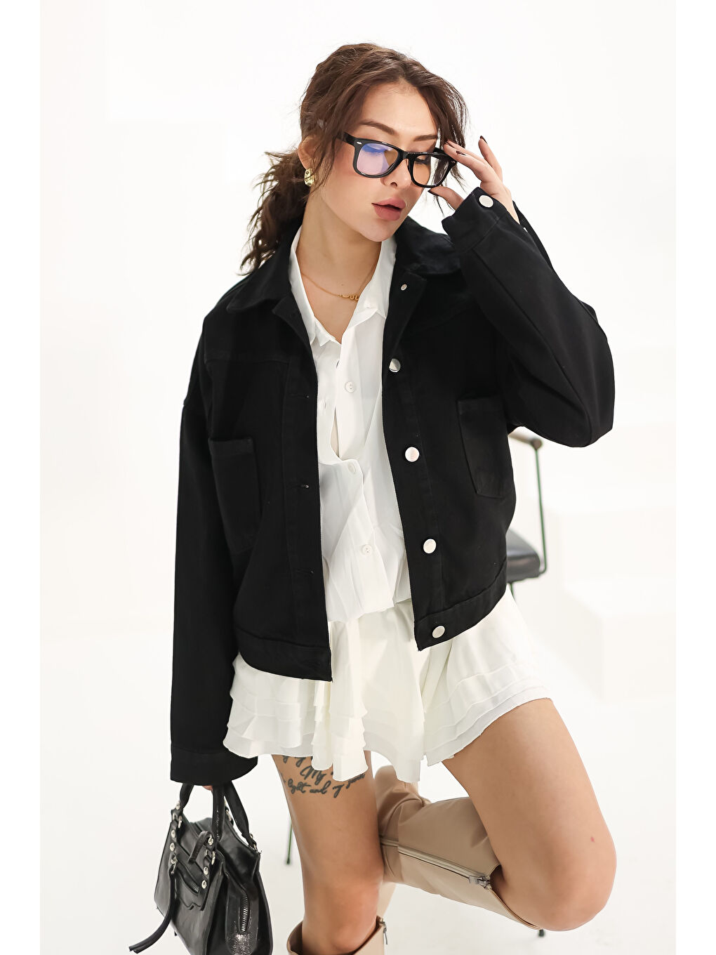 Kadın Çift Cepli Crop Jean Ceket Siyah   26573-1