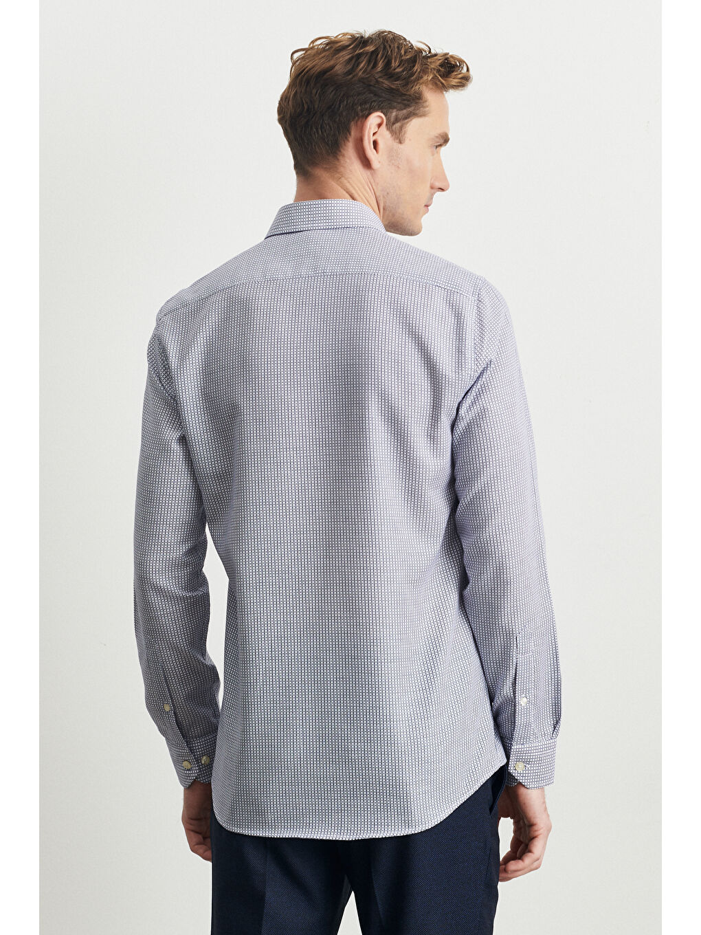 Erkek Beyaz-Lacivert Slim Fit Dar Kesim %100 Pamuk Klasik Yaka Armürlü Gömlek-4