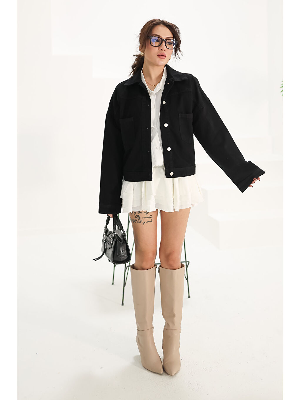 Kadın Çift Cepli Crop Jean Ceket Siyah   26573-2