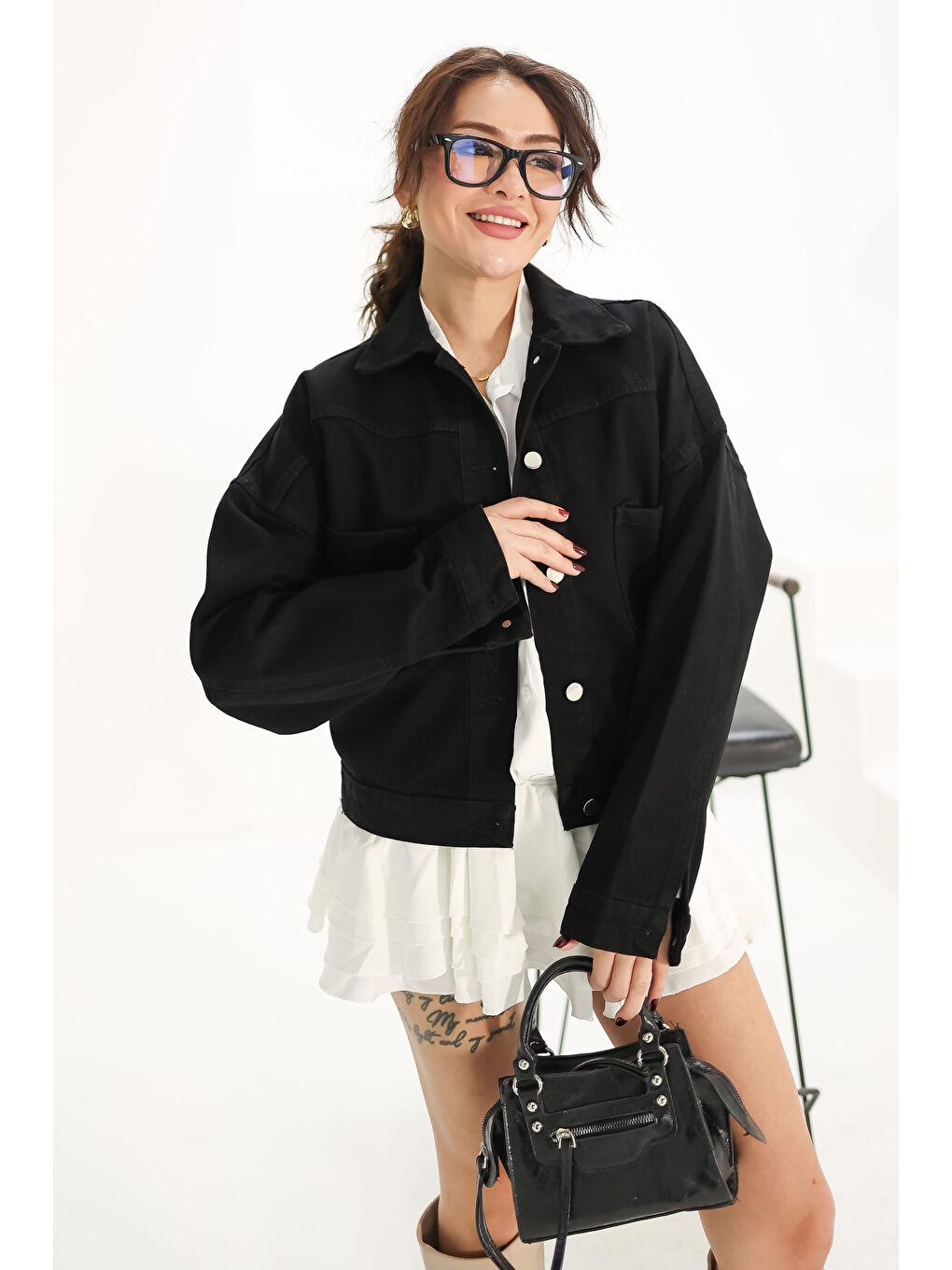 Kadın Çift Cepli Crop Jean Ceket Siyah   26573-3