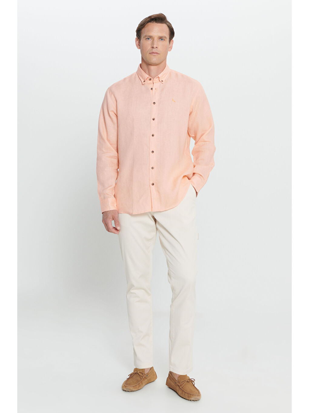 Erkek Turuncu Comfort Fit Rahat Kesim %100 Keten Düğmeli Yaka Gömlek-1