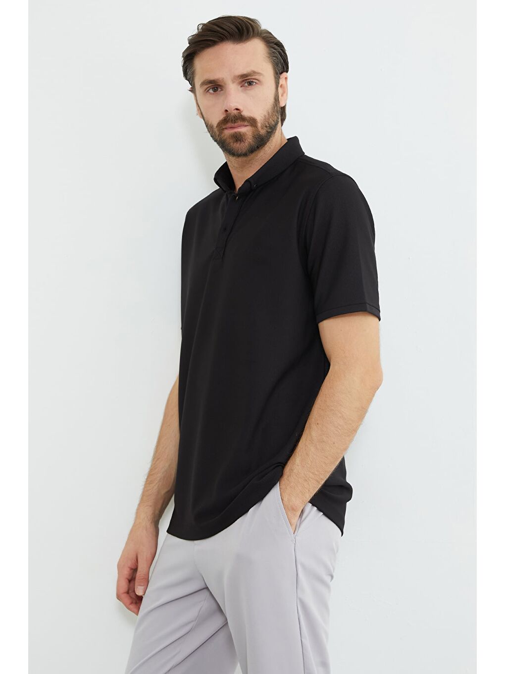 Siyah Polo Yaka Ottoman Kumaş Regular Tişört-2