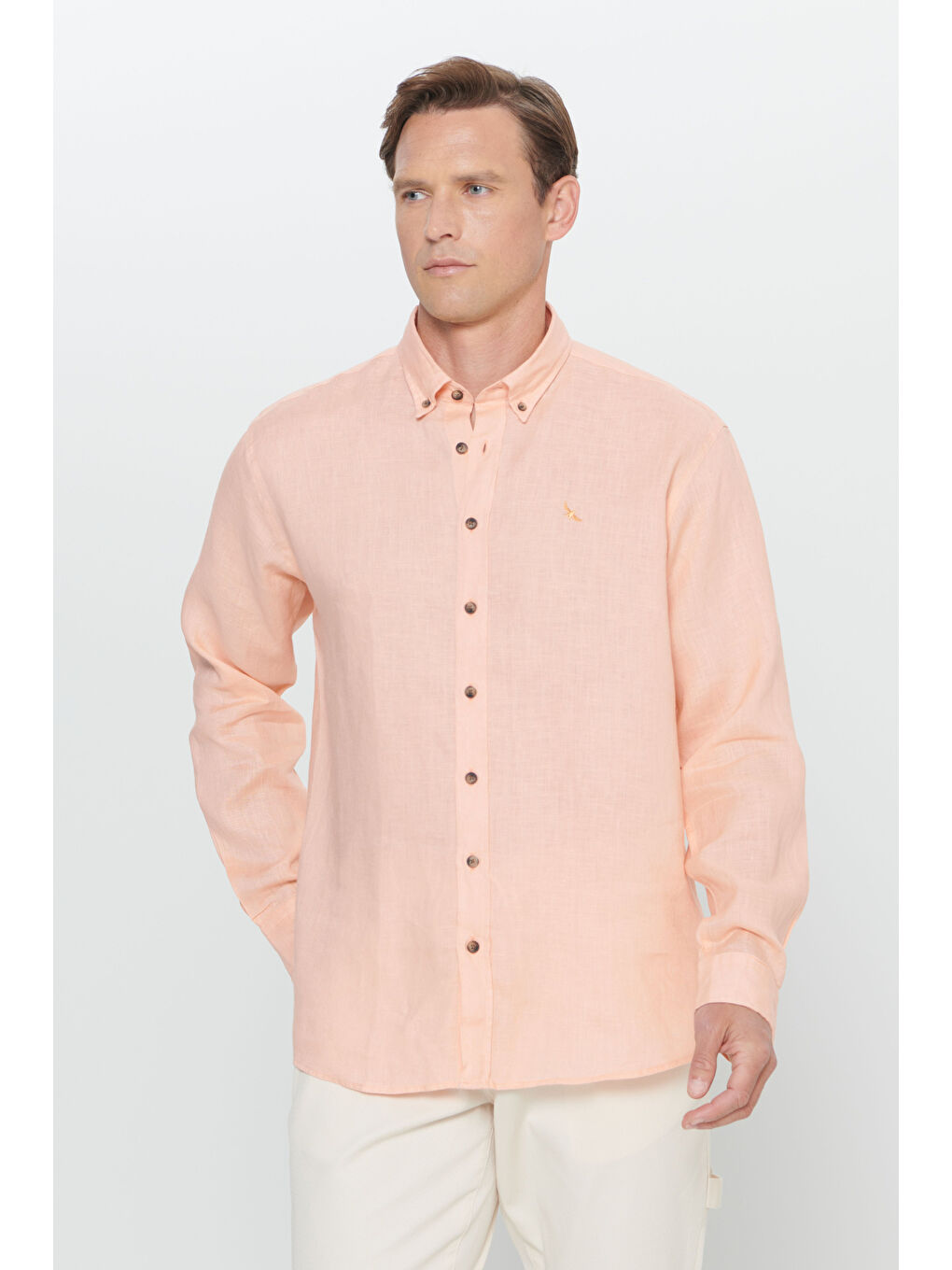 Erkek Turuncu Comfort Fit Rahat Kesim %100 Keten Düğmeli Yaka Gömlek-2