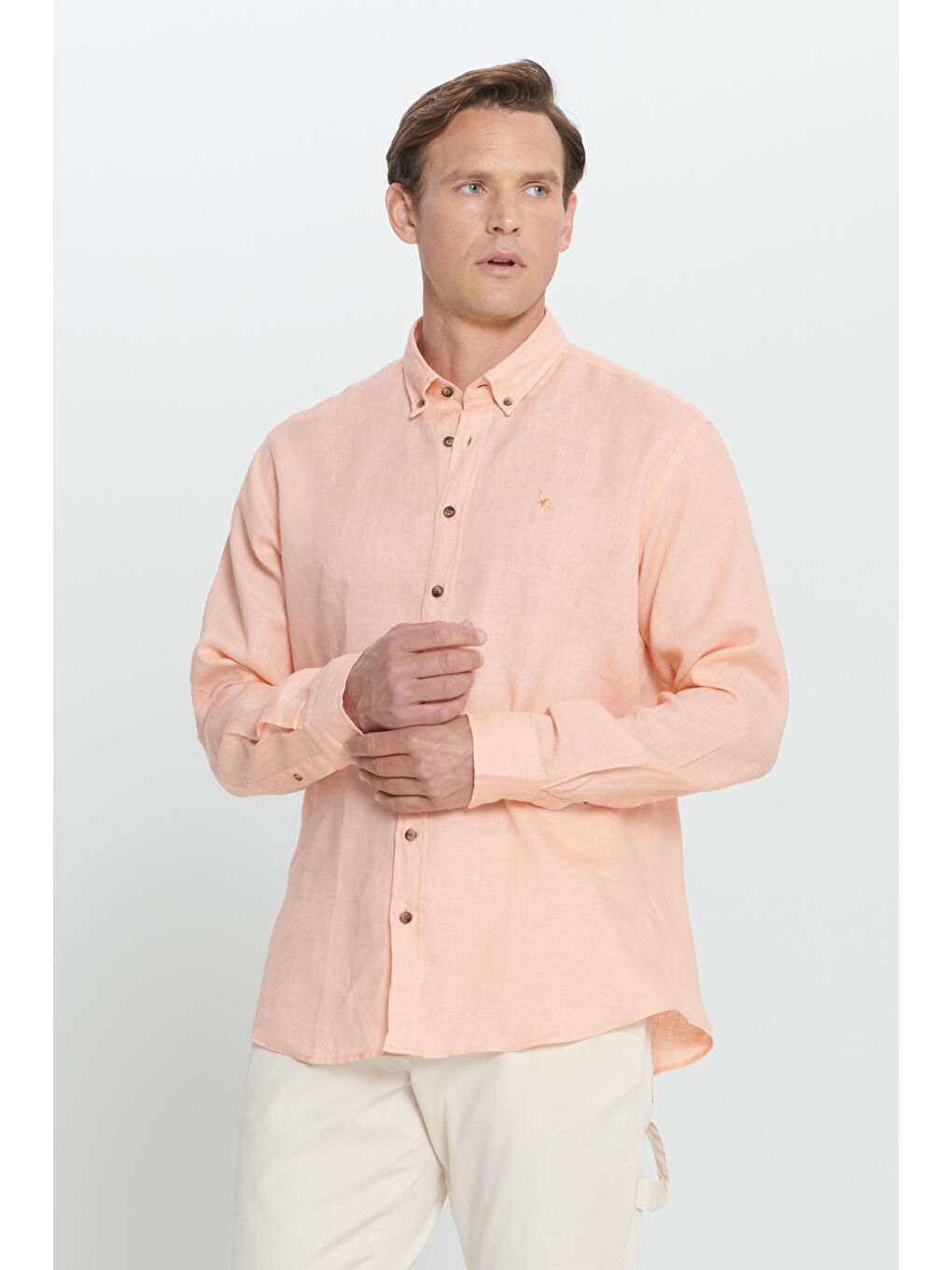 Erkek Turuncu Comfort Fit Rahat Kesim %100 Keten Düğmeli Yaka Gömlek-3