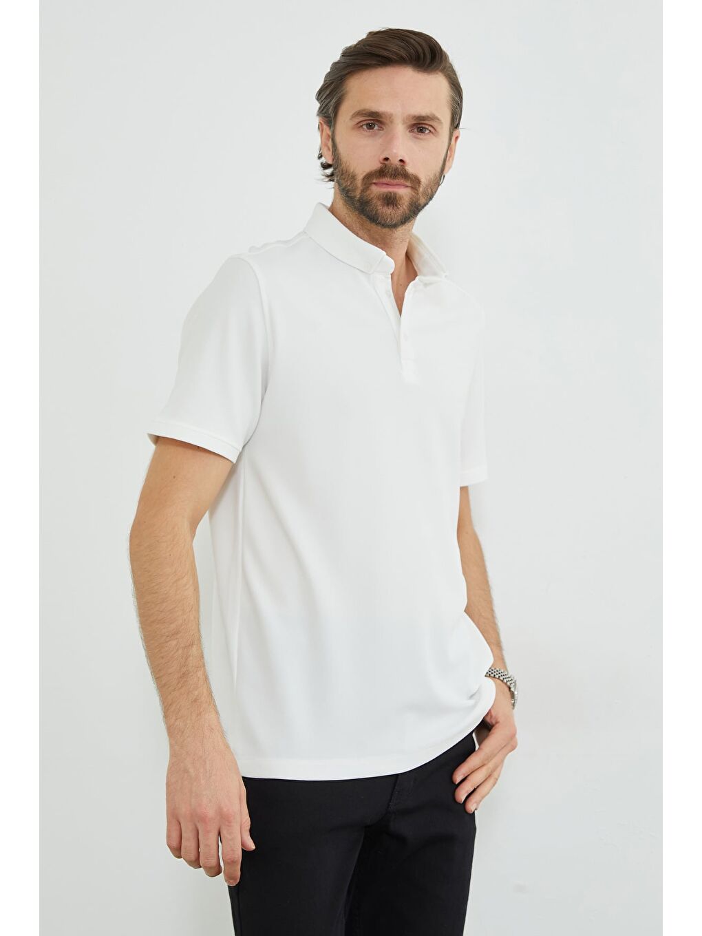 Ekru Polo Yaka Ottoman Kumaş Regular Tişört-1