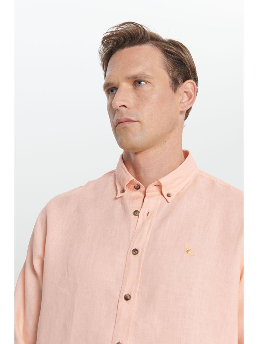 Erkek Turuncu Comfort Fit Rahat Kesim %100 Keten Düğmeli Yaka Gömlek-4