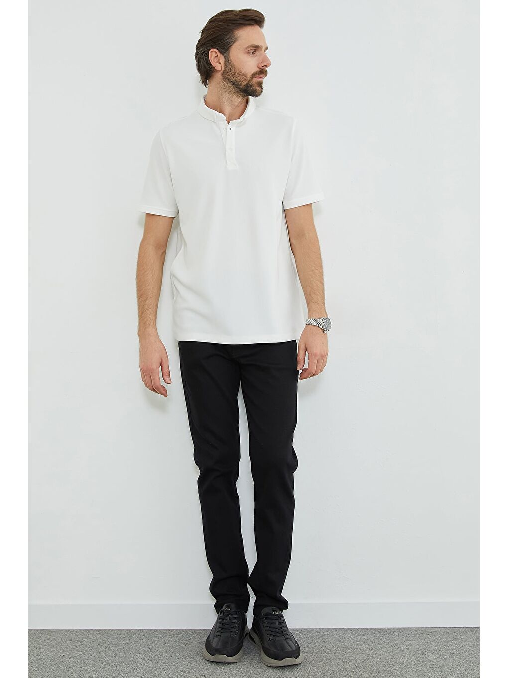 Ekru Polo Yaka Ottoman Kumaş Regular Tişört-2