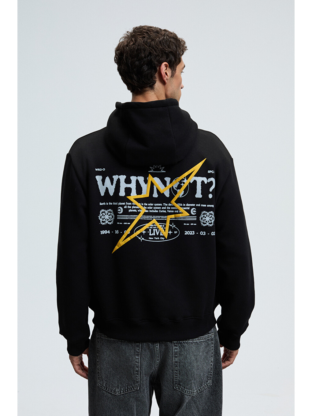 Erkek Kapüşonlu Kanguru Cepli Önü Ve Sırtı Baskılı Regular Fit Siyah Sweatshirt-3