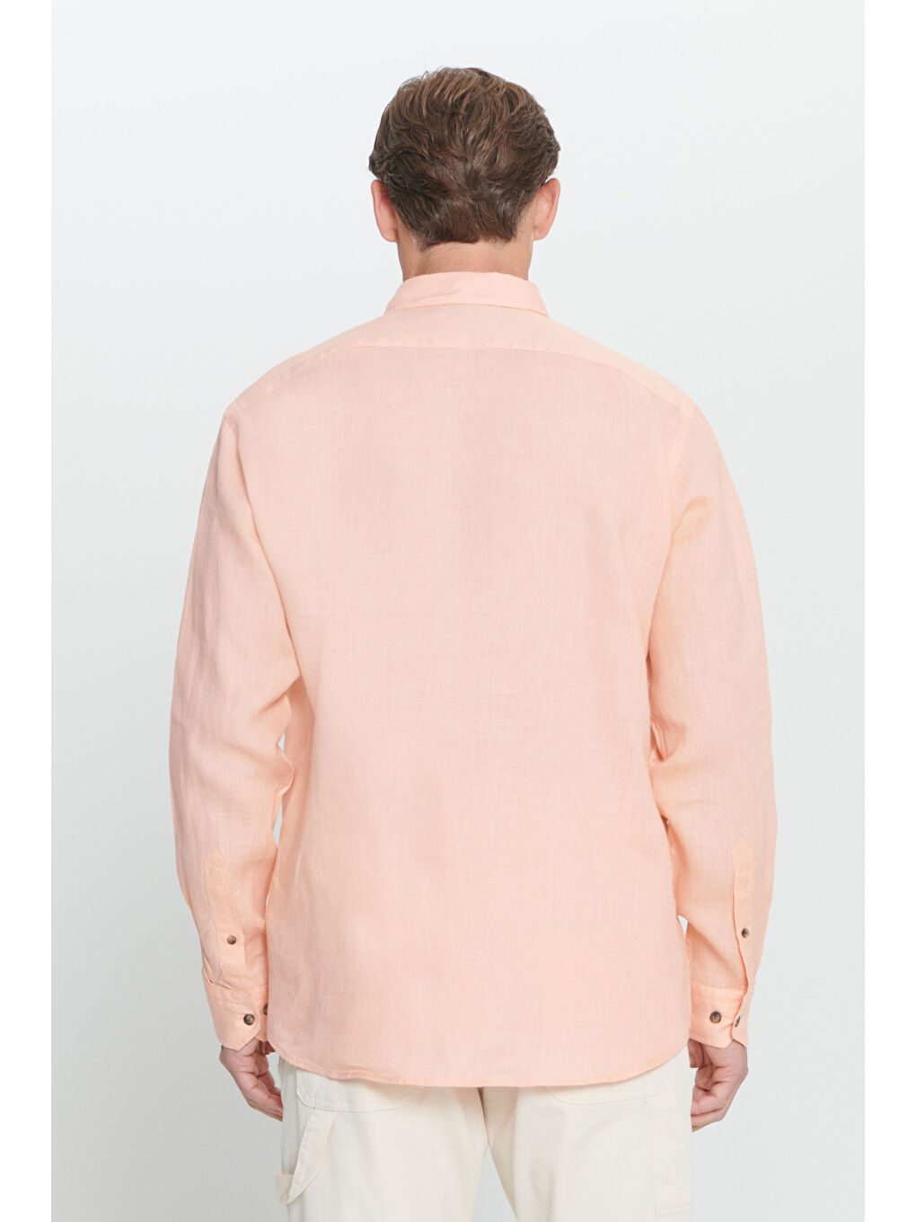 Erkek Turuncu Comfort Fit Rahat Kesim %100 Keten Düğmeli Yaka Gömlek-5