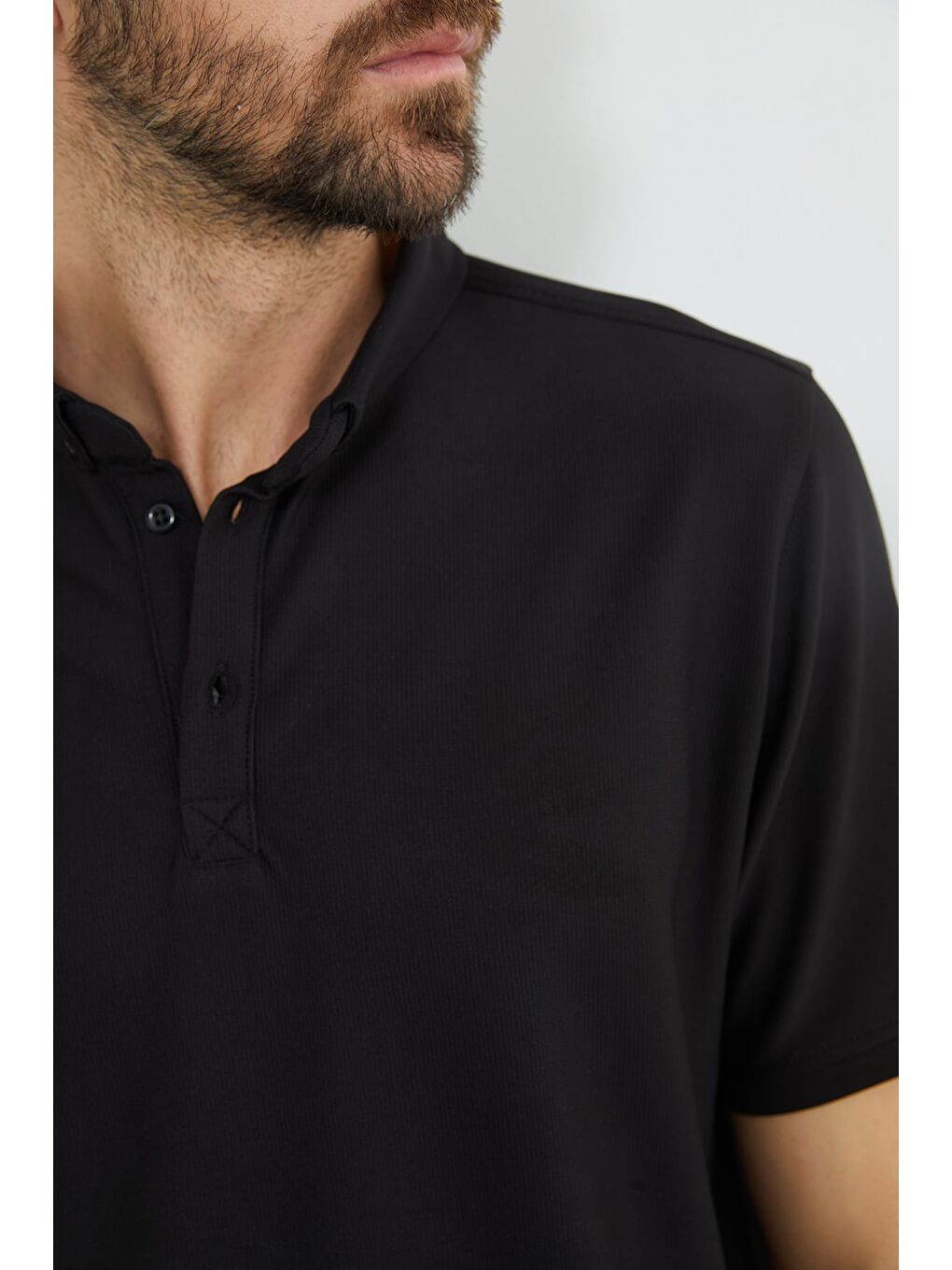 Siyah Polo Yaka Ottoman Kumaş Regular Tişört-3