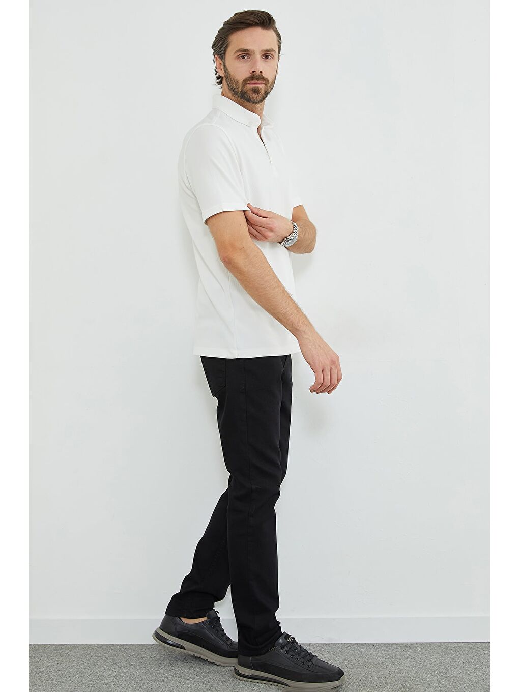 Ekru Polo Yaka Ottoman Kumaş Regular Tişört-3