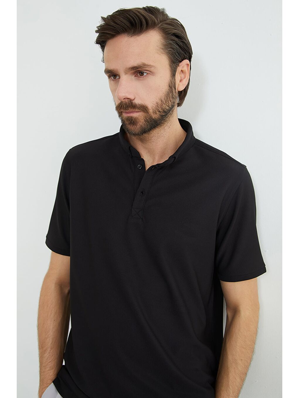 Siyah Polo Yaka Ottoman Kumaş Regular Tişört-4
