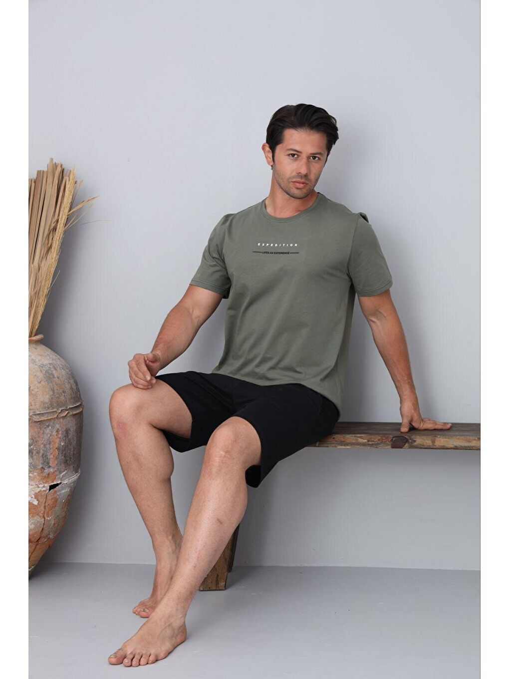 Erkek %100 Organik Pamuk Haki Kısa Kollu Şortlu Doğal Battal Pijama Takımı-1