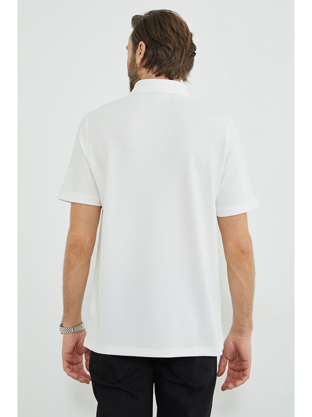 Ekru Polo Yaka Ottoman Kumaş Regular Tişört-4