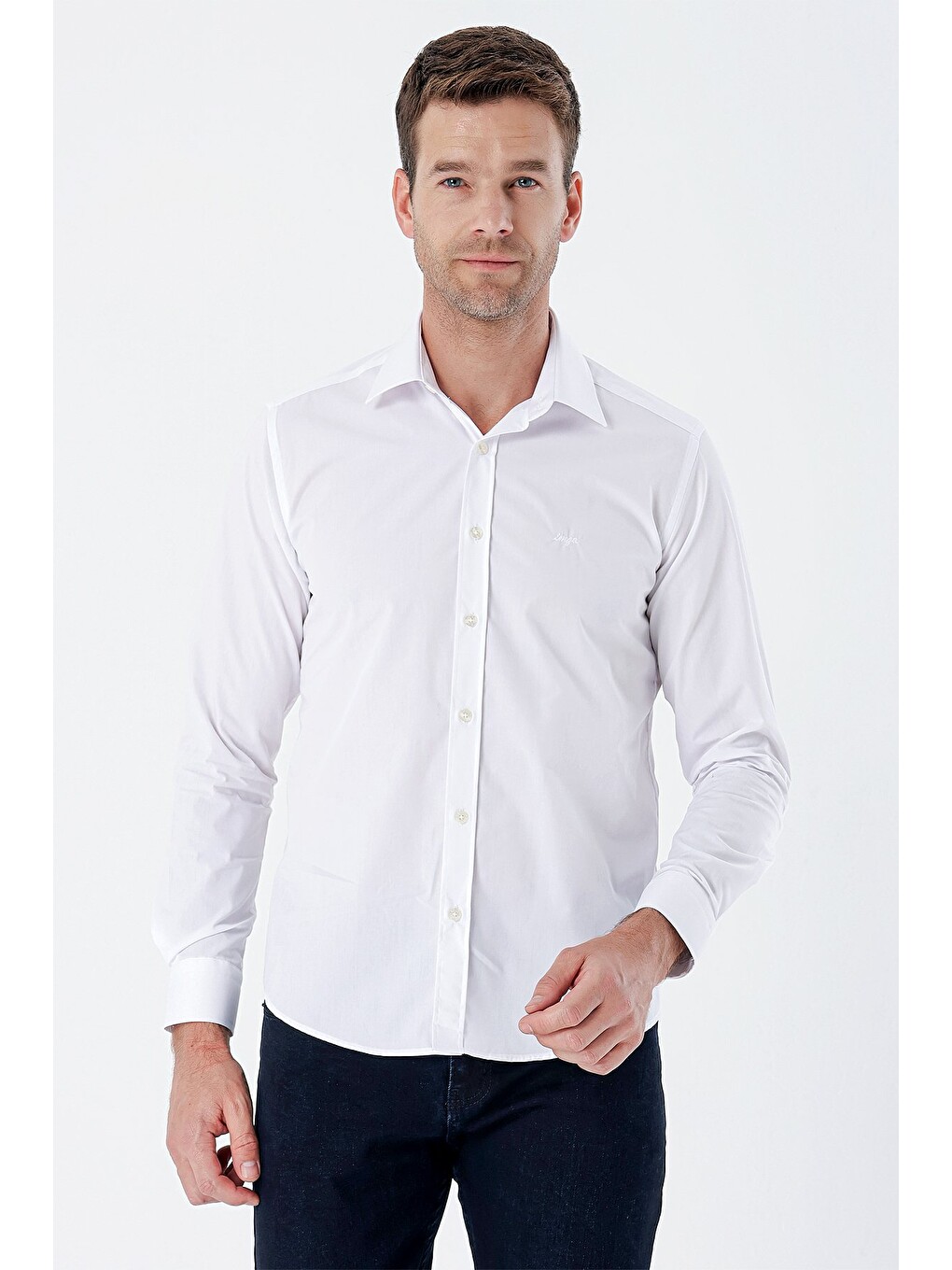 Beyaz Uzun Kollu Bez Ayağı Sert Yaka Cepsiz Pamuklu Basic Slim Fit Dar Kesim Gömlek 1004235357
