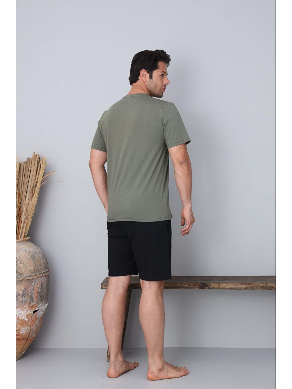 Erkek %100 Organik Pamuk Haki Kısa Kollu Şortlu Doğal Battal Pijama Takımı-2