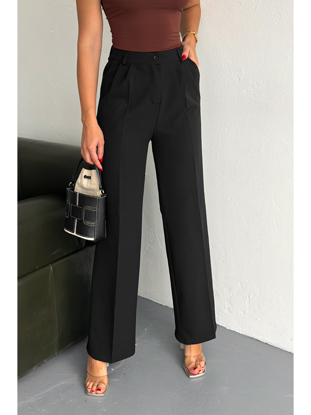 Kadın Double Bol Paça Palazzo Pantolon Siyah