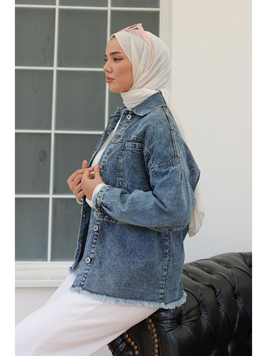 Kadın Oversize Püskül Detay Yaka Cep Jean Ceket Koyu Mavi   26580-4