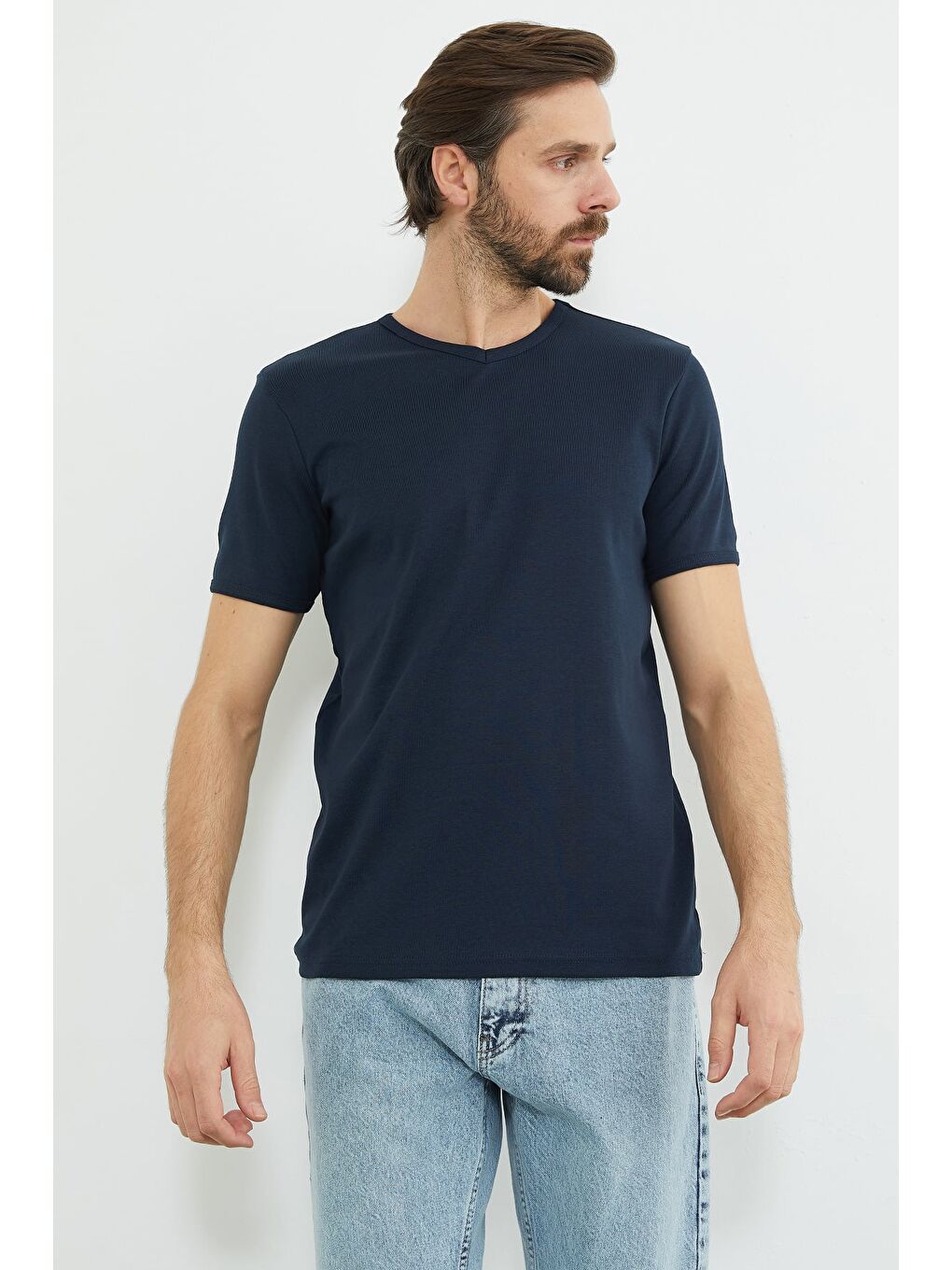 Lacivert Basic Ribanalı V Yaka Tişört-3