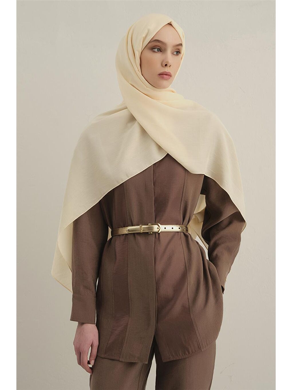 Ekru Bordürlü Lyocell Şal 60-1