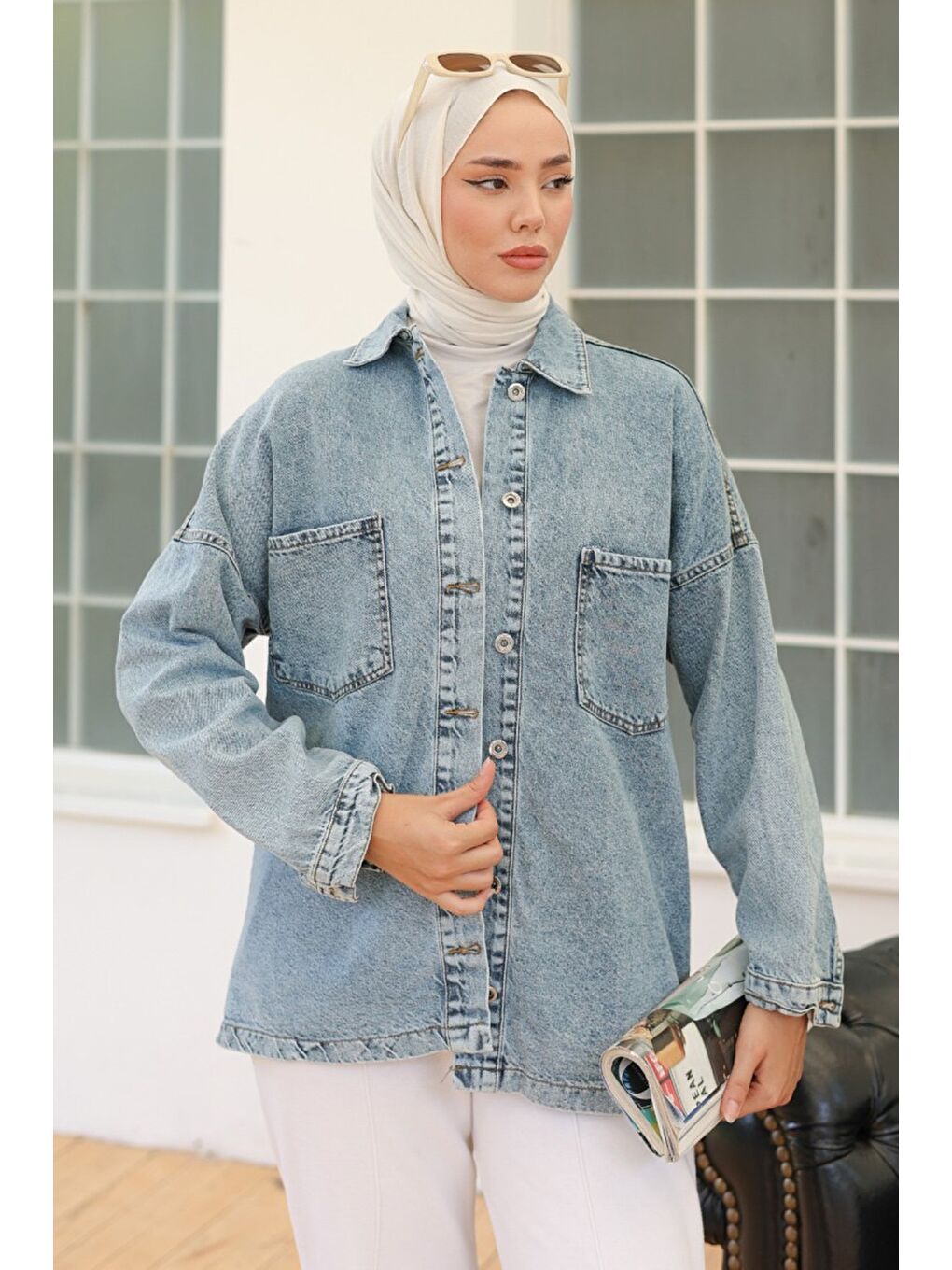Kadın Oversize Cep Detay Jean Gömlek Ceket Acik Mavi   26571