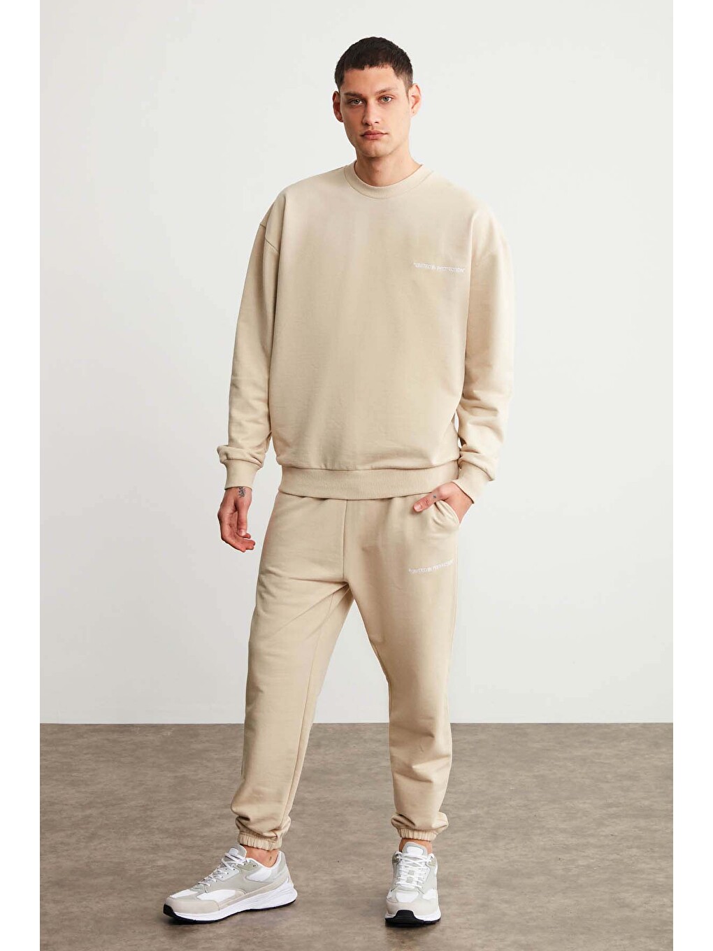 Raırok Erkek İçi Polarlı Comfort Bej Oversize Nakışlı Bej Sweatshirt-2