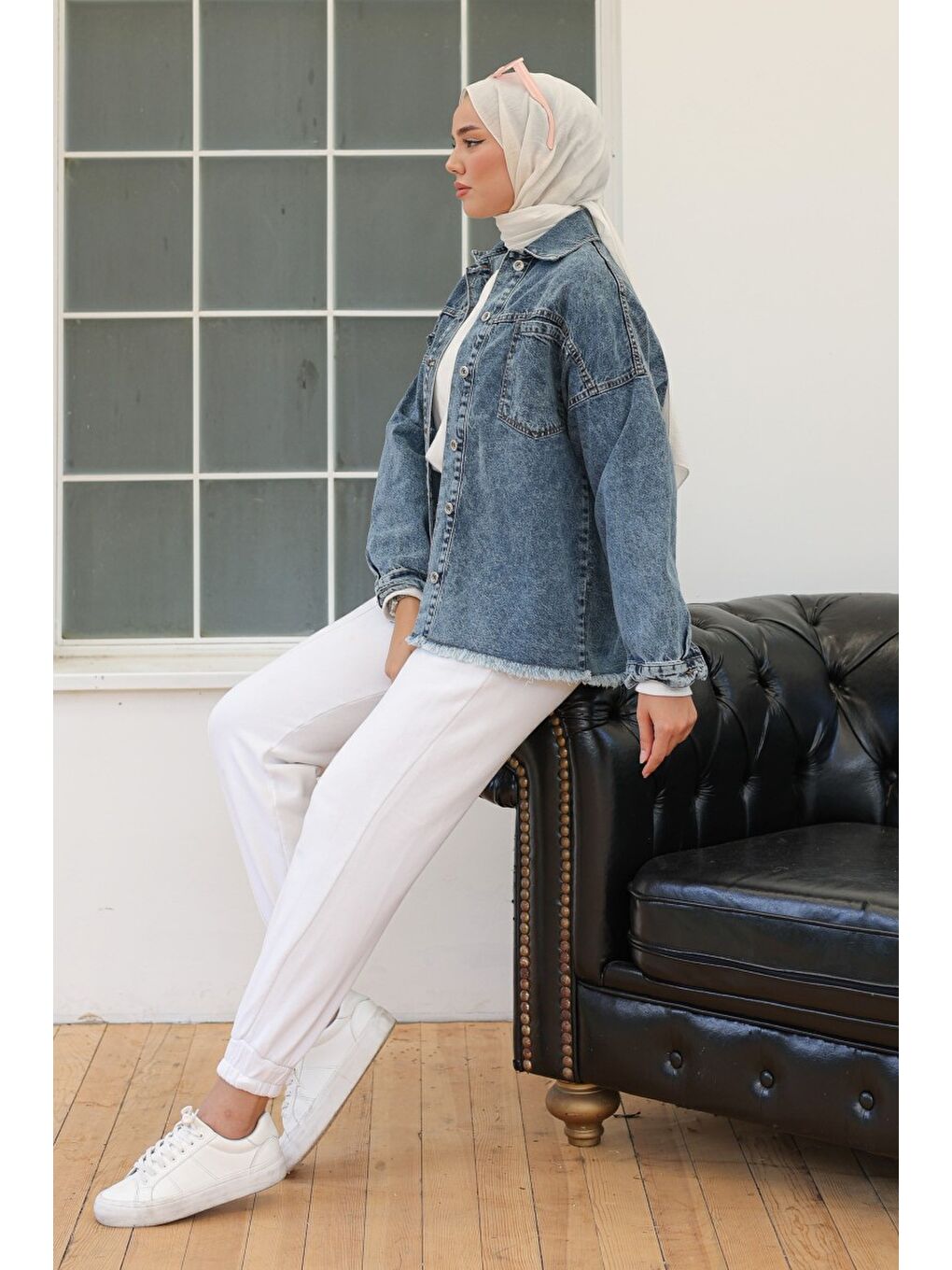 Kadın Oversize Püskül Detay Yaka Cep Jean Ceket Koyu Mavi   26580-6