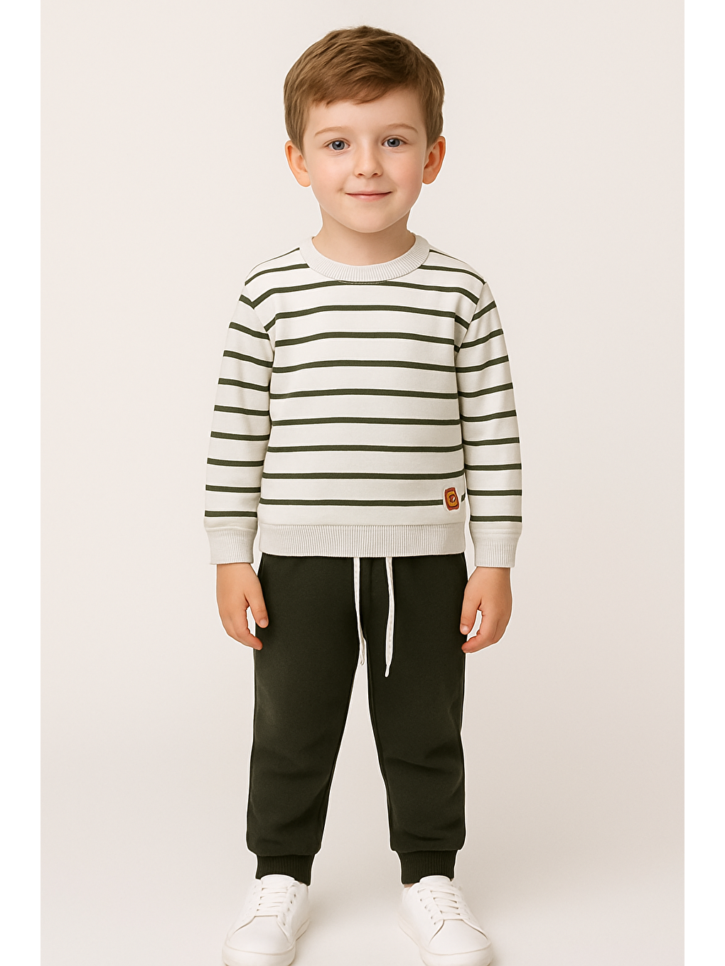 Bisiklet Yaka Çizgi Desenli Haki Renk Erkek Çocuk Eşofman Takım