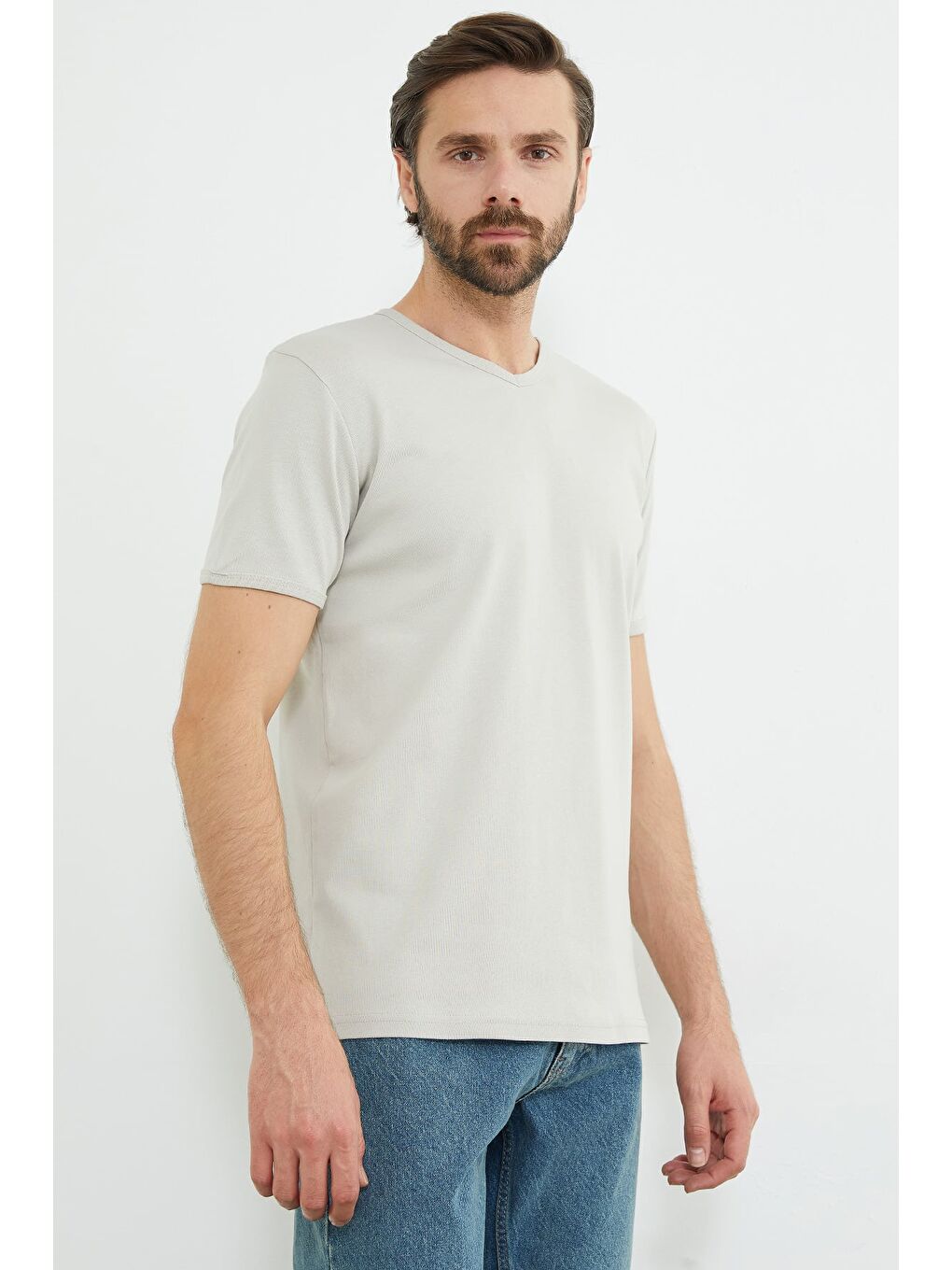 Bej Basic Ribanalı V Yaka Tişört-1