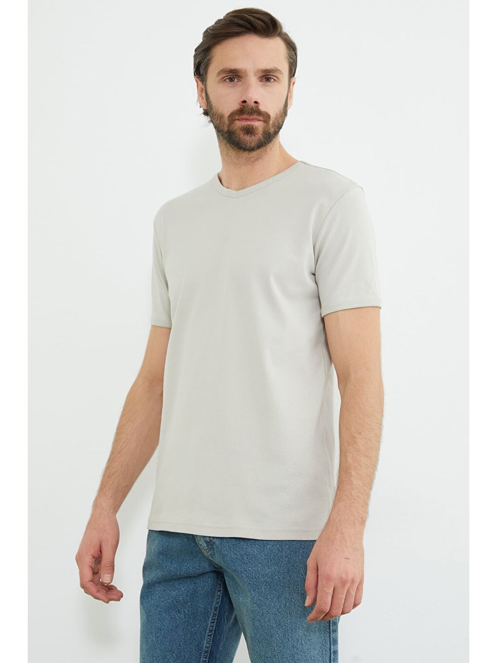 Bej Basic Ribanalı V Yaka Tişört-2