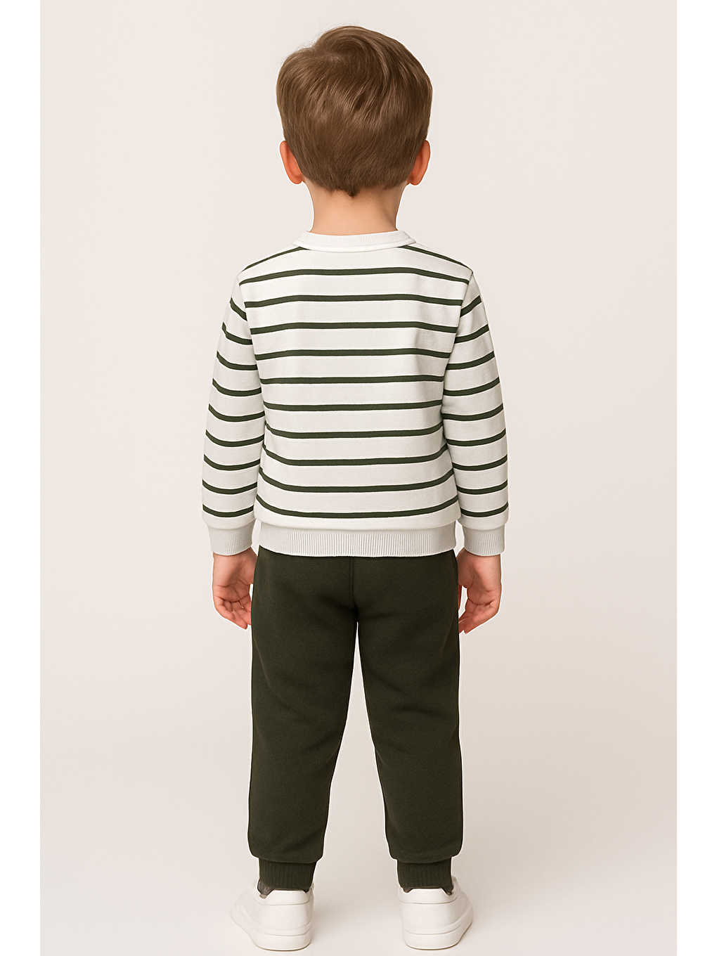 Bisiklet Yaka Çizgi Desenli Haki Renk Erkek Çocuk Eşofman Takım-2