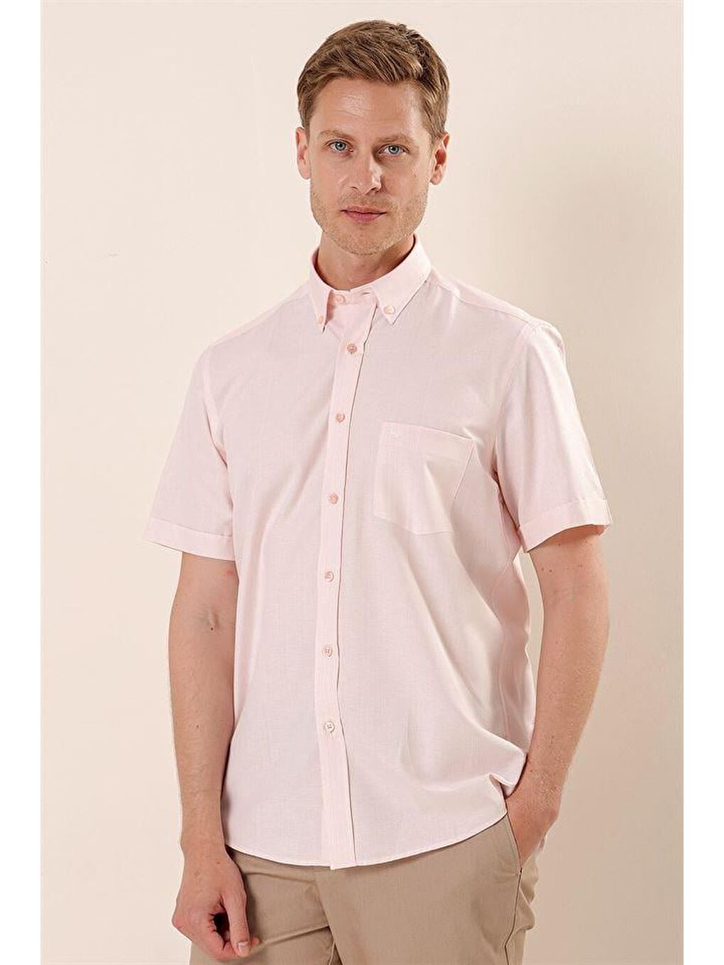 Pembe Pudra Kısa Kollu  Pamuklu Klasik Comfort Fit Rahat Kesim Gömlek 1004230174-2