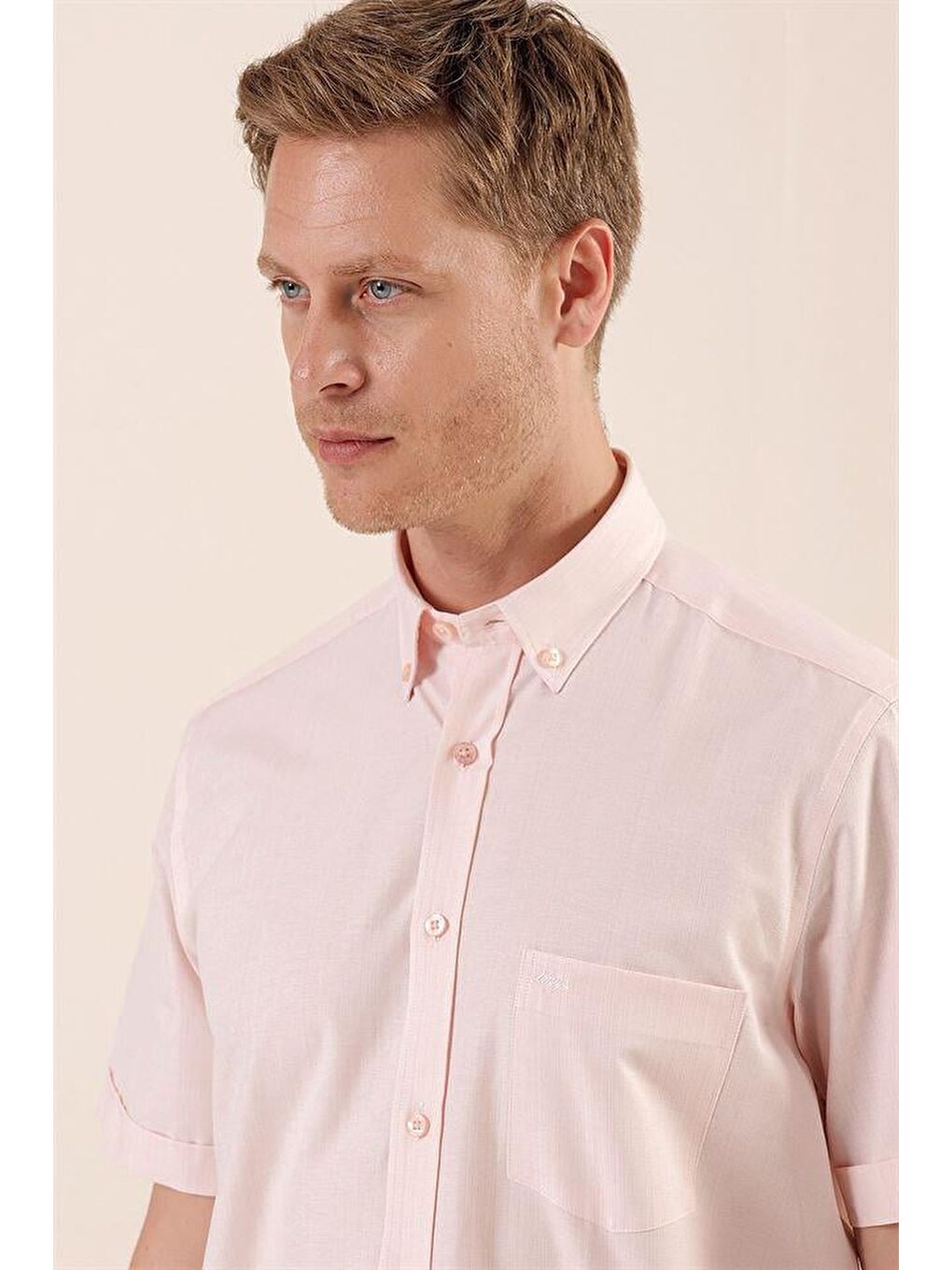 Pembe Pudra Kısa Kollu  Pamuklu Klasik Comfort Fit Rahat Kesim Gömlek 1004230174-3