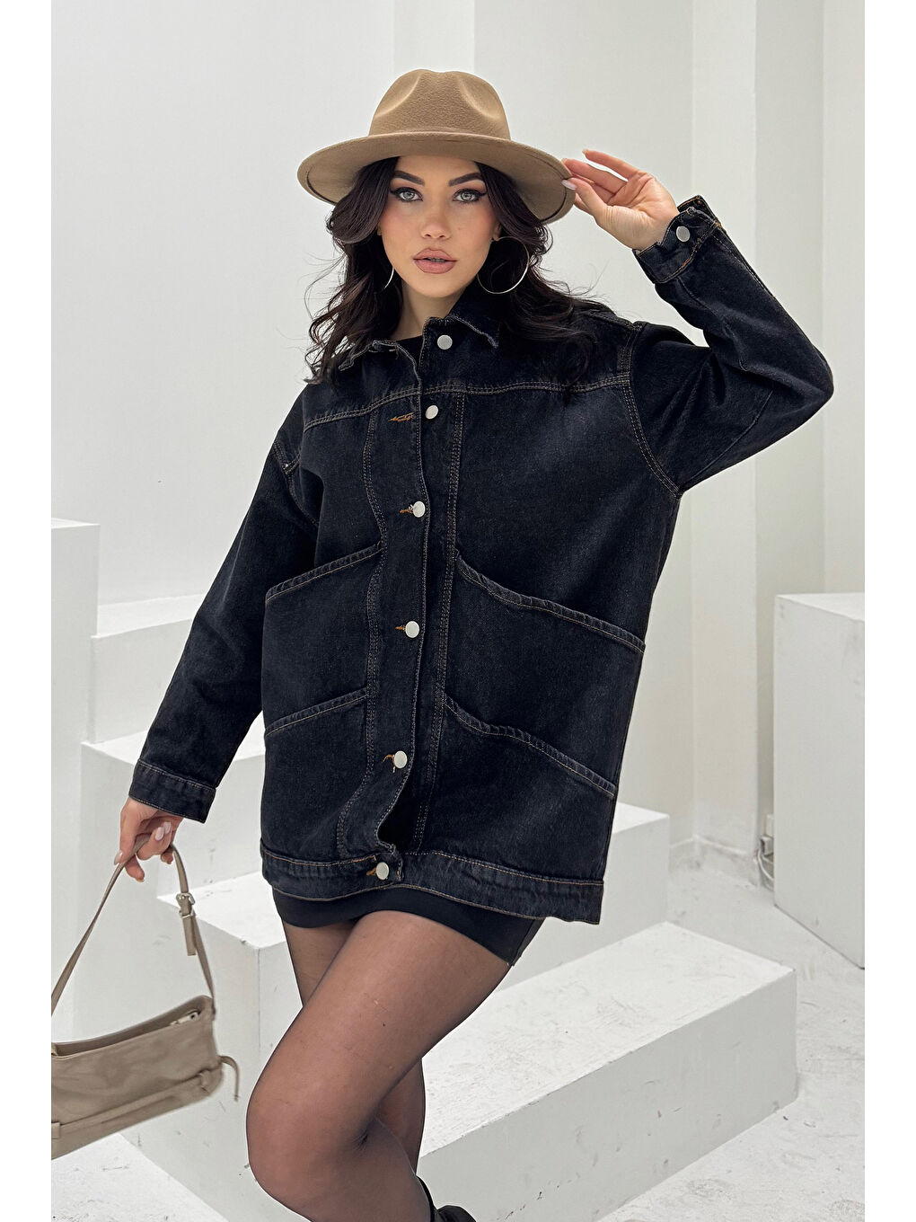 Kadın Oversize Çift Cep Detaylı Jean Ceket Siyah   26589