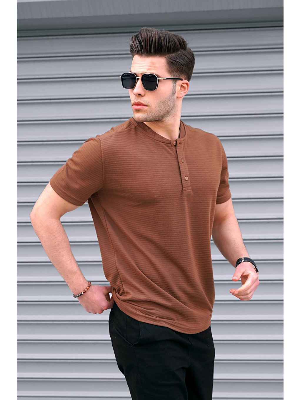 Kahverengi Düğmeli Triko Erkek Tişört 5842
