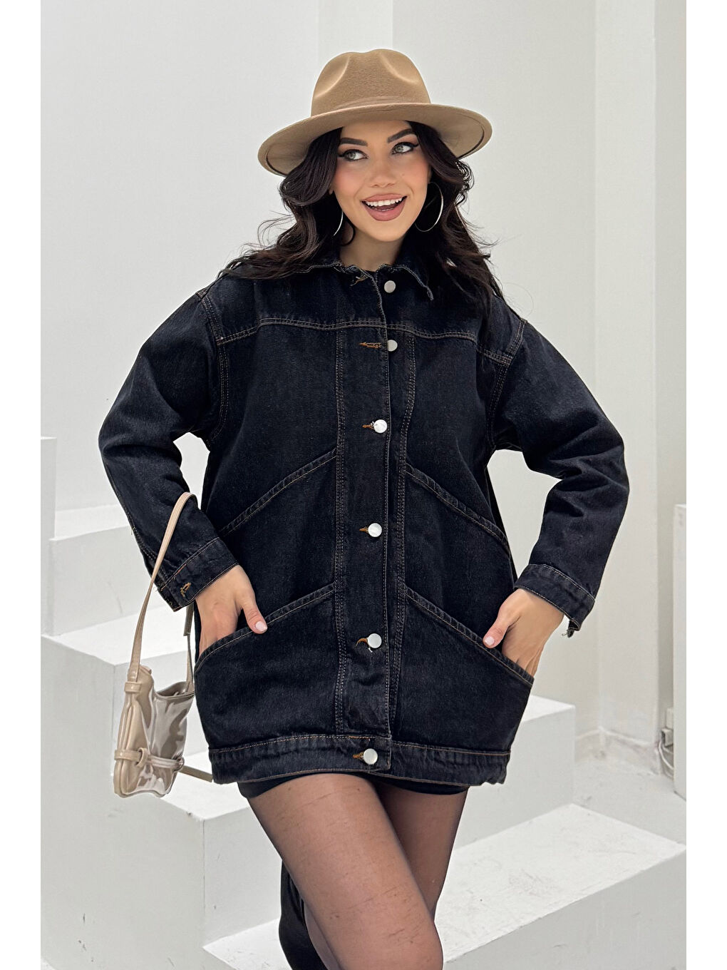 Kadın Oversize Çift Cep Detaylı Jean Ceket Siyah   26589-1