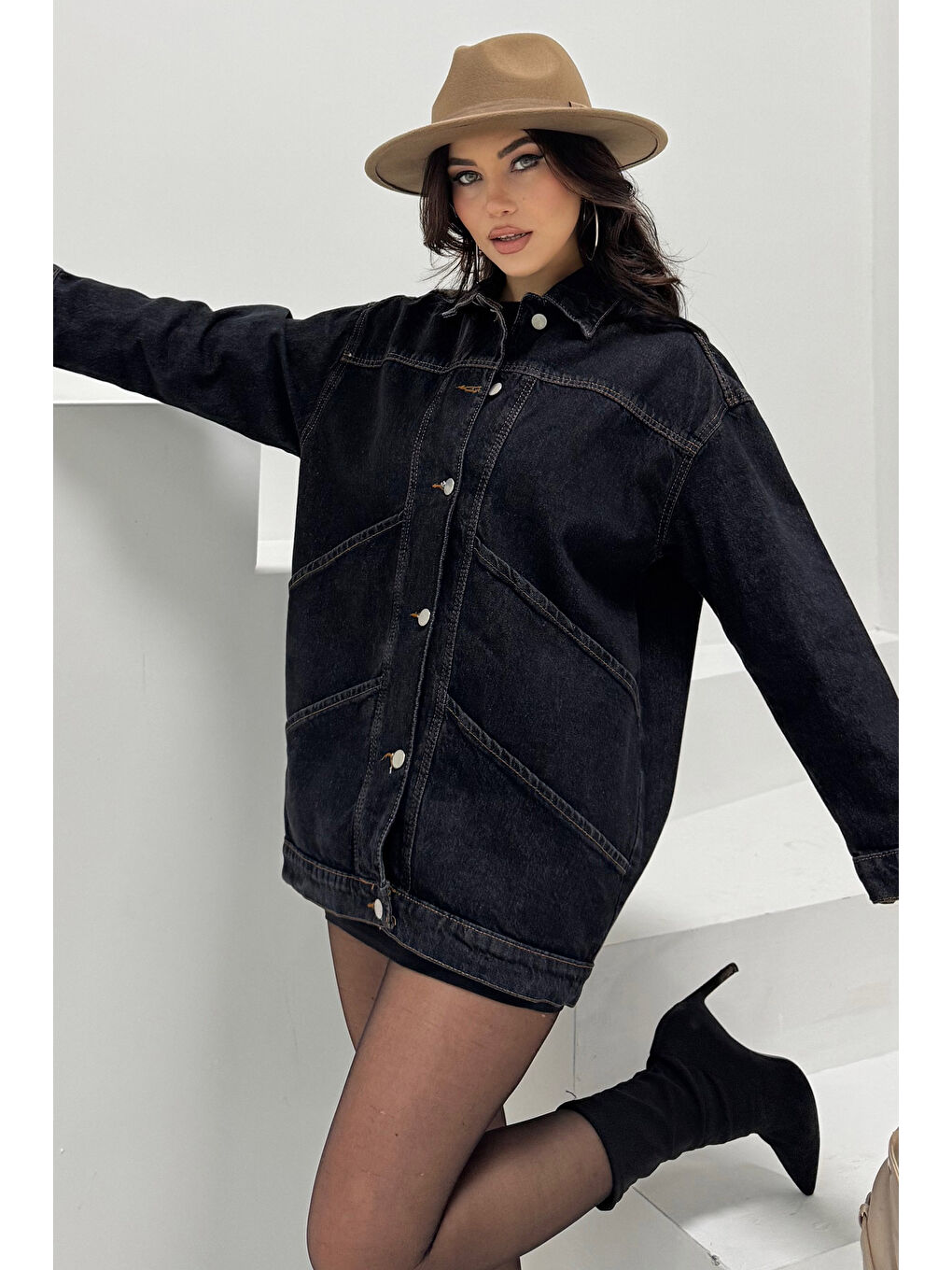 Kadın Oversize Çift Cep Detaylı Jean Ceket Siyah   26589-2