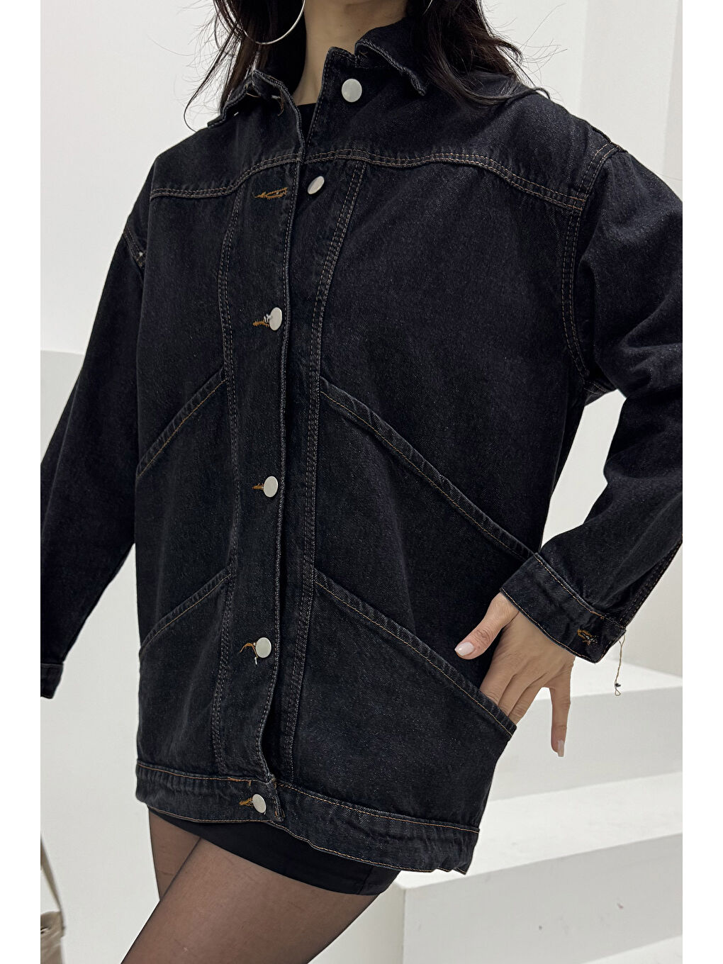 Kadın Oversize Çift Cep Detaylı Jean Ceket Siyah   26589-3