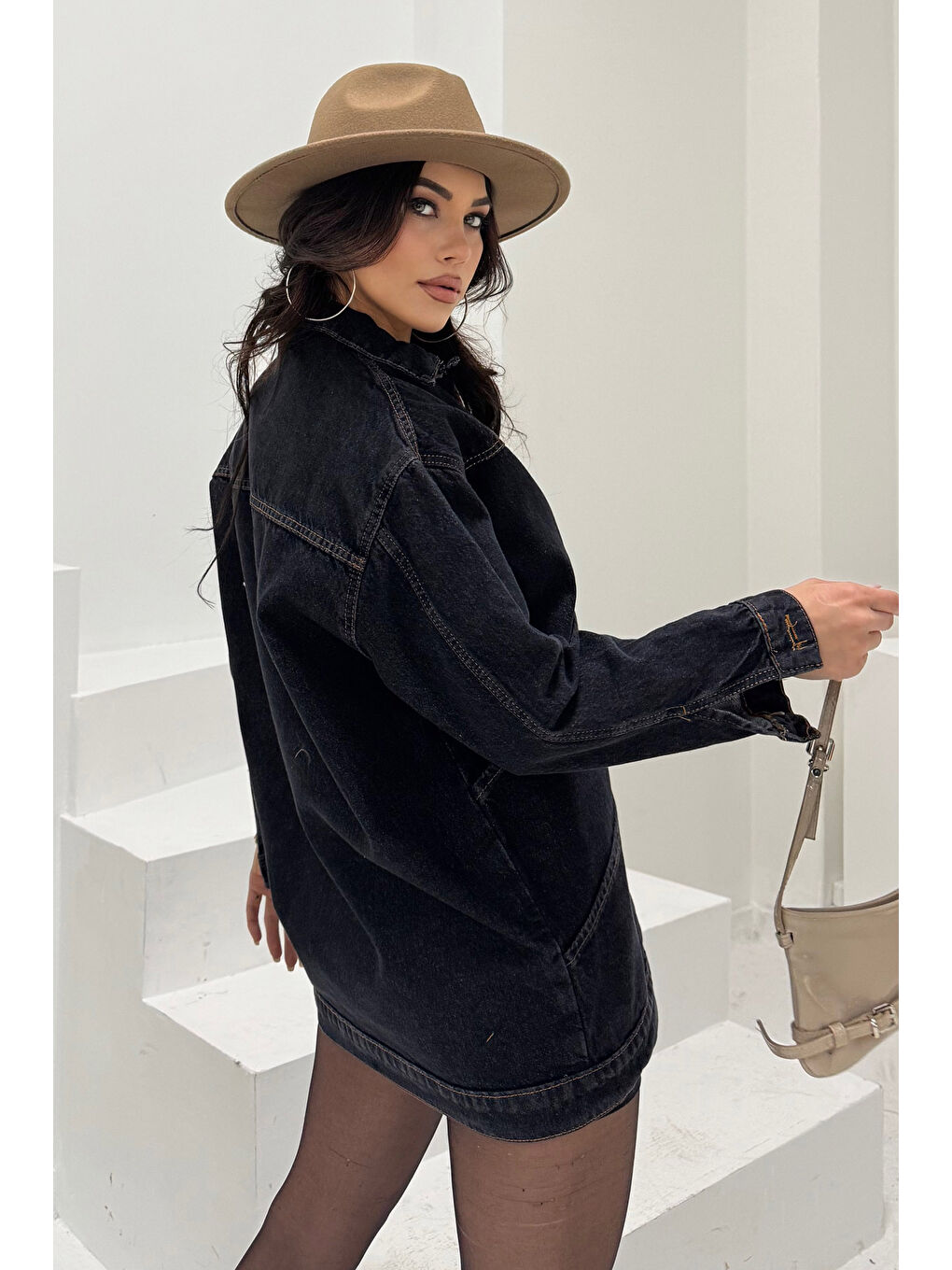 Kadın Oversize Çift Cep Detaylı Jean Ceket Siyah   26589-4