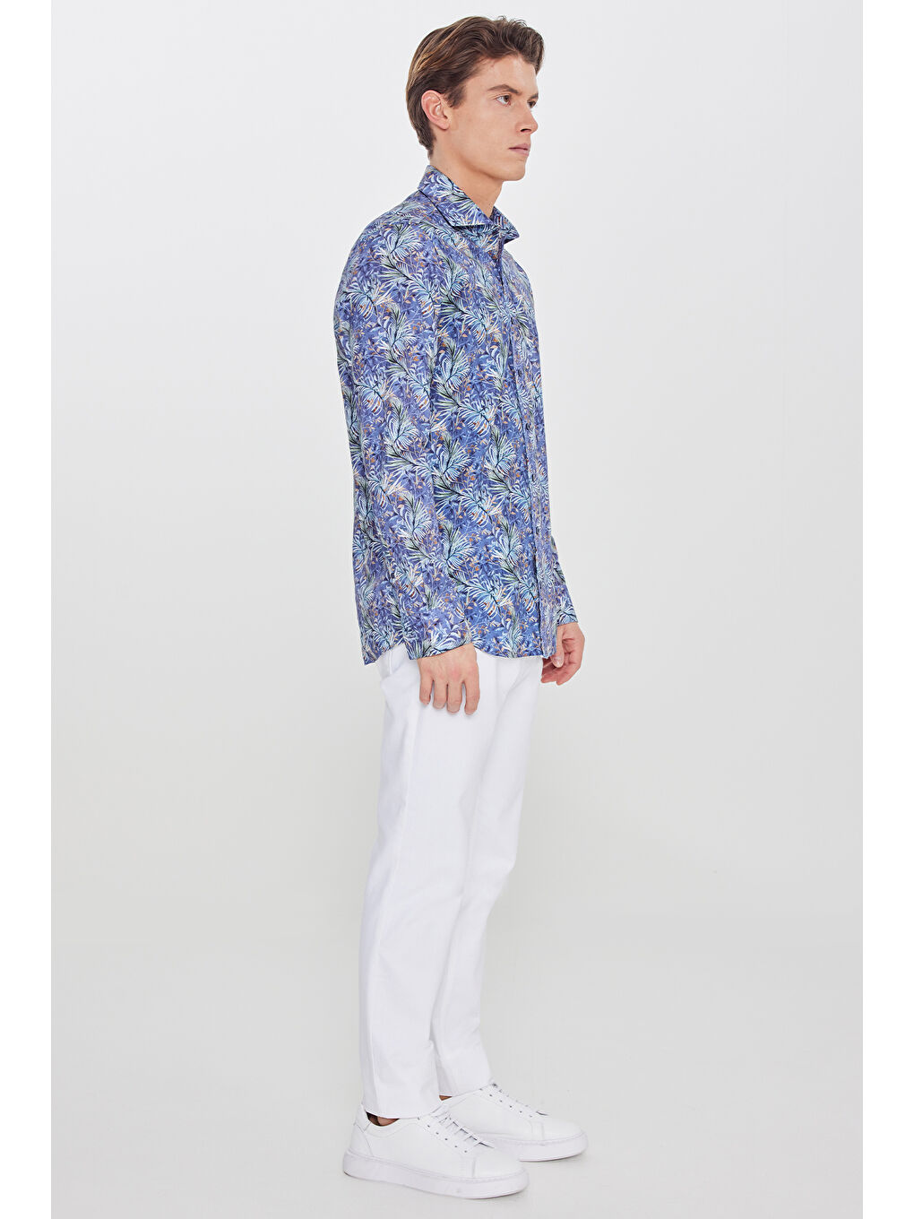 Erkek Lacivert-Yeşil %100 Pamuk Slim Fit Büyük İtalyan Yaka Baskılı Gömlek-1