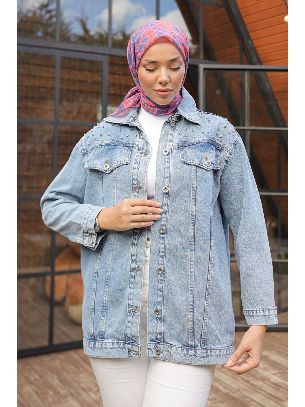 Kadın Omuz Taş Detaylı Oversize Jean Ceket Acik Mavi   26616