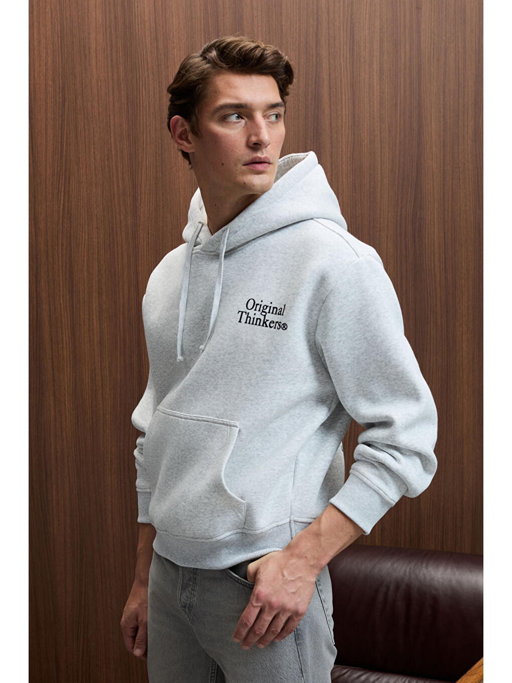 Pascal Erkek Kapüşonlu Kanguru Cepli Önü Ve Sırtı Baskılı Regular Fit Gri Melanj Sweatshirt-1