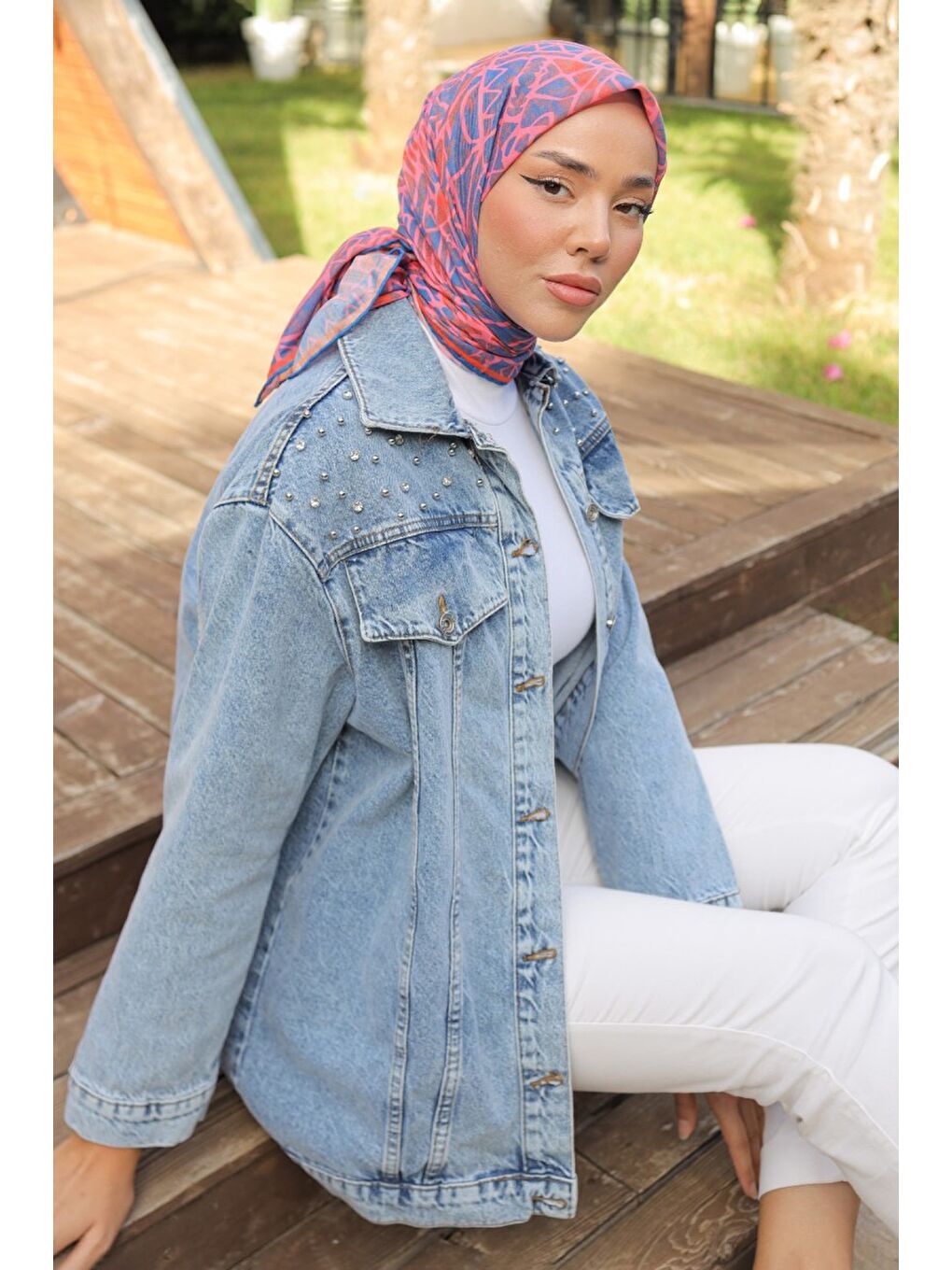 Kadın Omuz Taş Detaylı Oversize Jean Ceket Acik Mavi   26616-1