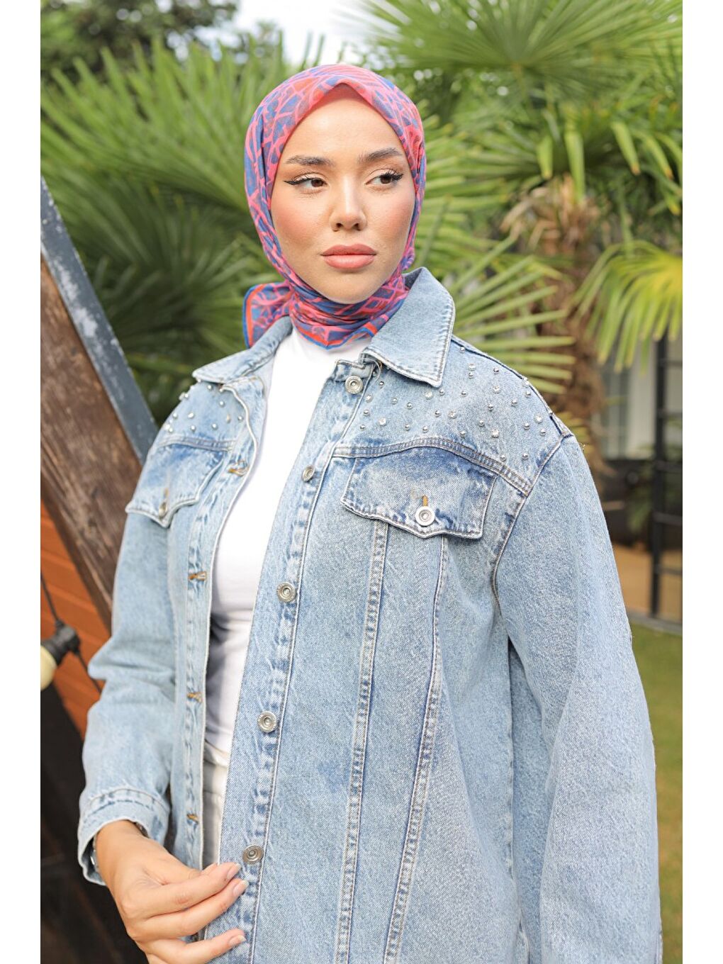 Kadın Omuz Taş Detaylı Oversize Jean Ceket Acik Mavi   26616-2